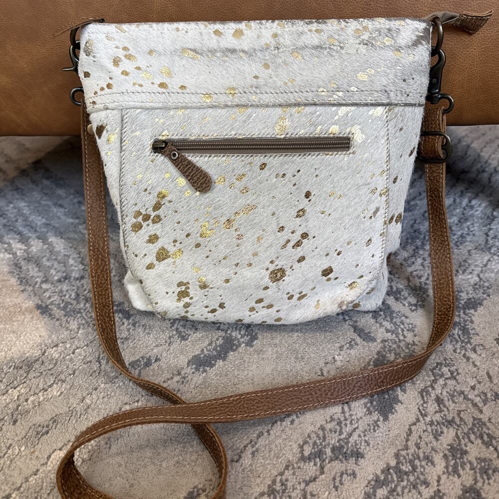 MYRA BAG SASSY LEATHER Hair On Hide CROSSBODY BAG 11" W X 9 1/2" Metallic